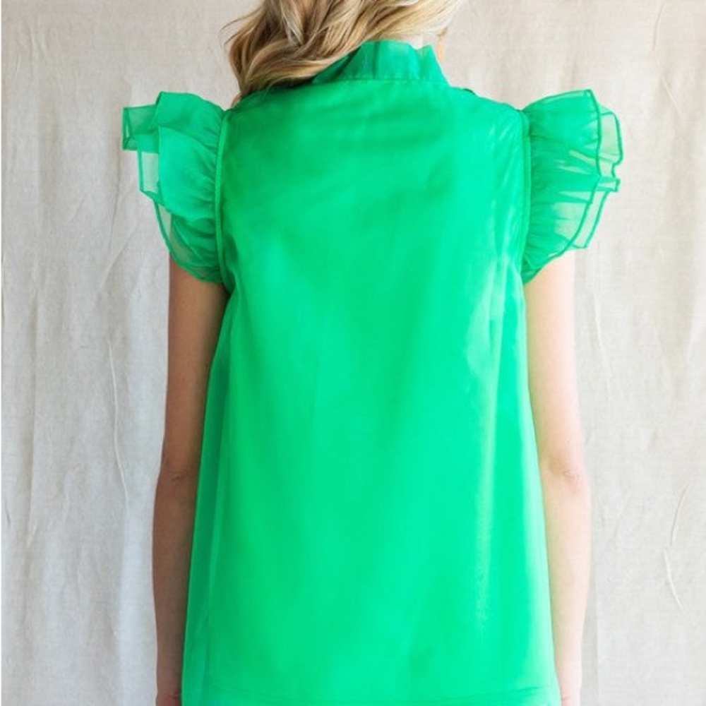 JODIFL Bright Green Bow Neck Ruffle Sleeve Top - Picture 2 of 2